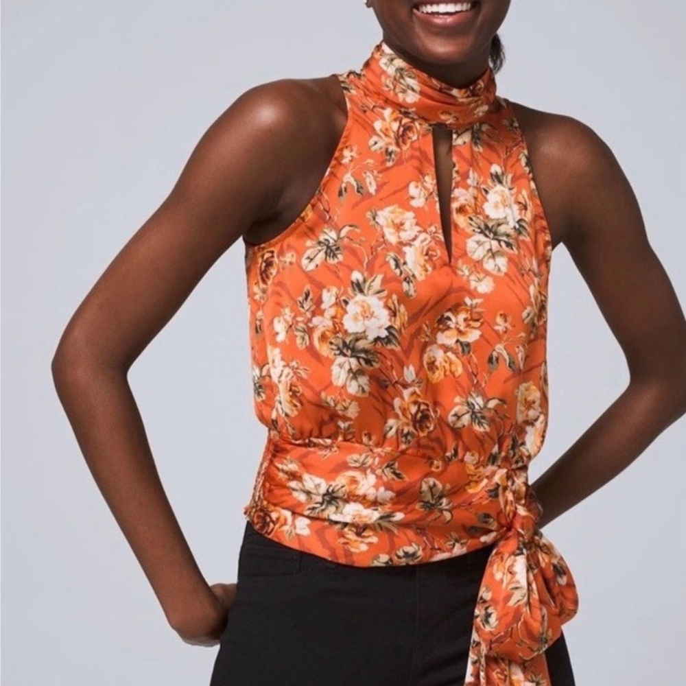 White House Black Market Floral Orange Halter Top